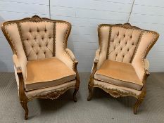 A pair of French button back arm chairs with scroll arms (H98cm W84cm)