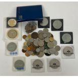 A Box of coins, various denominations and countries including crowns etc.