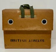 A Vintage British Airways Box with cloth handles, with a selection of tools inside.