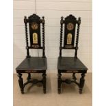 A pair of high back hall chairs with barley twist back and an Italian tile inlay (H98cm W84cm)