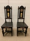 A pair of high back hall chairs with barley twist back and an Italian tile inlay (H98cm W84cm)