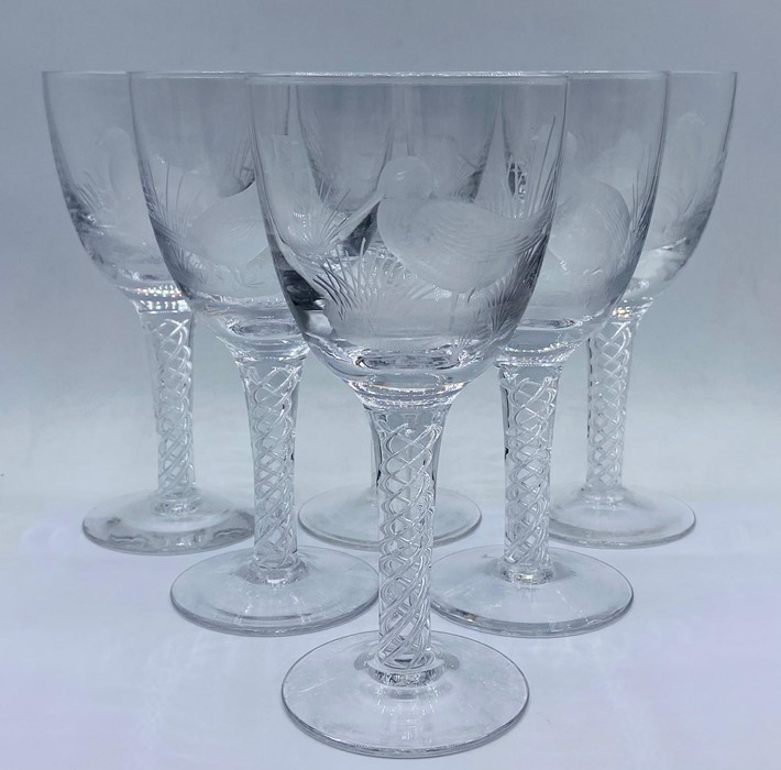 A set of six Robert Ellison Ornithological Engraved Cumbria Crystal Wine Goblets.