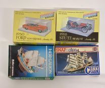 Four boxed model kits to include Cutty Sark, Galion, 1916 Stutz Bearcat and 1950 Ford Convertible