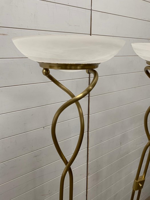 A pair of contemporary brass effect floor standing lamps with glass shades - Image 4 of 4
