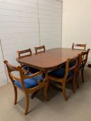 A twin pedestal dining table with string inlay to edge and six chairs, one centre leaf (H76cm W161cm