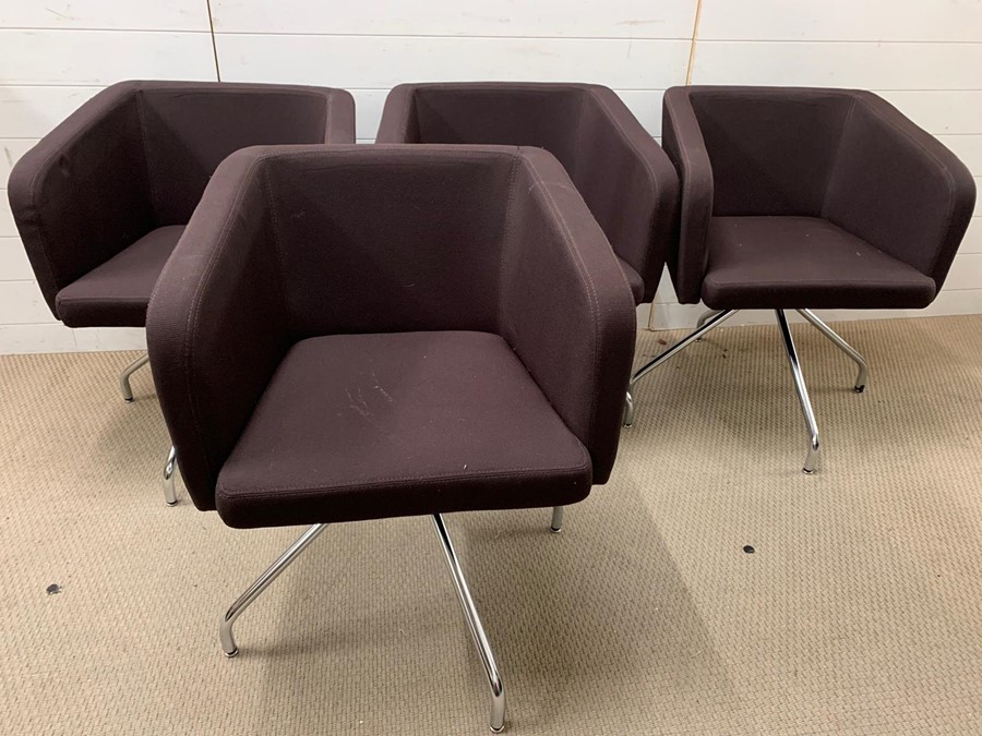 Four Mid Century, chrome legged dining chairs in brown