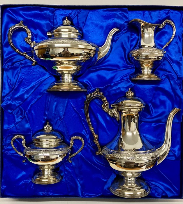 A Boxed Cavalier silver plated, hand chased tea service