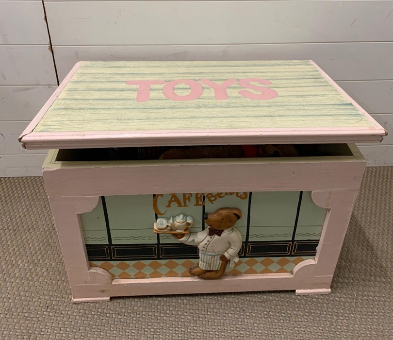 A wooden children's toy box with a selection of toys inside (H45cm W65cm D45cm)