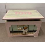 A wooden children's toy box with a selection of toys inside (H45cm W65cm D45cm)