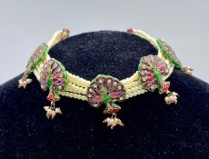 An Indian cultured pearl and enamel necklace