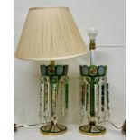 A Pair of Green glass and hand painted lustre table lamps