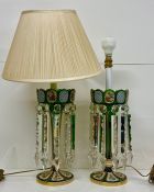 A Pair of Green glass and hand painted lustre table lamps