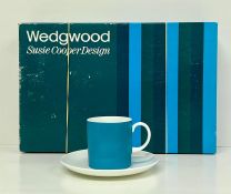 A Boxed, unused, vintage Wedgewood Susie Cooper designed coffee set in Kingfisher blue