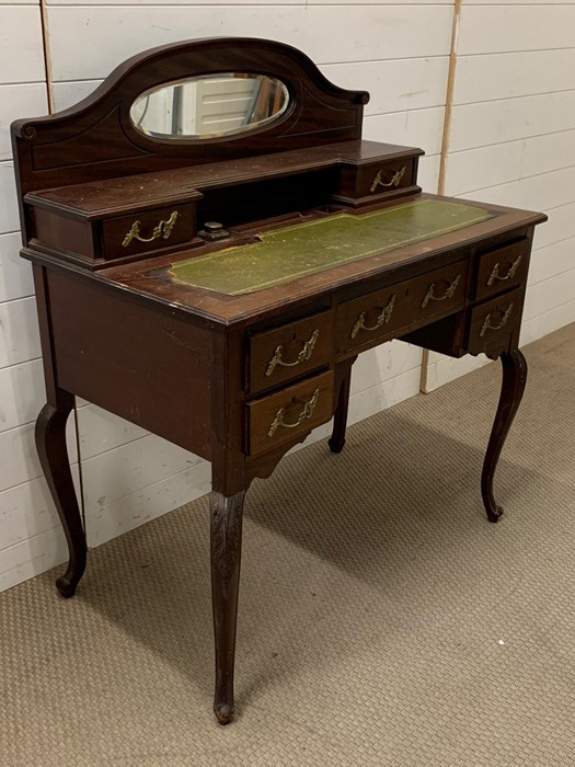 A mahogany writing desk with a mirrored back, glass ink well and green leather top AF (H105cm - Image 3 of 4