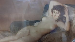 A print depicting "La maja desnuda" (Goya), framed and glazed, (39x66 cm).