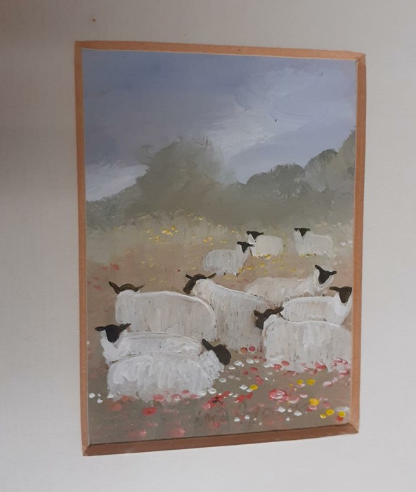 Loes Agoust (b.1940) French, 'Flocks of sheep', a group of three oils on paper, signed, (8.5x6 - Image 3 of 4