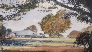 A watercolour depicting a hall golf club, illegibly signed, framed and glaed (26x36 cm).