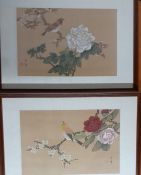 A pair of Chinese silk paintings of bird and flowers, framed, (25x37 cm). (2)