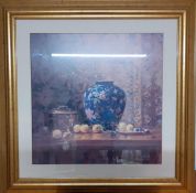 A large print depicting a Still life with a blue chinese vase and fruits, gilded framed and