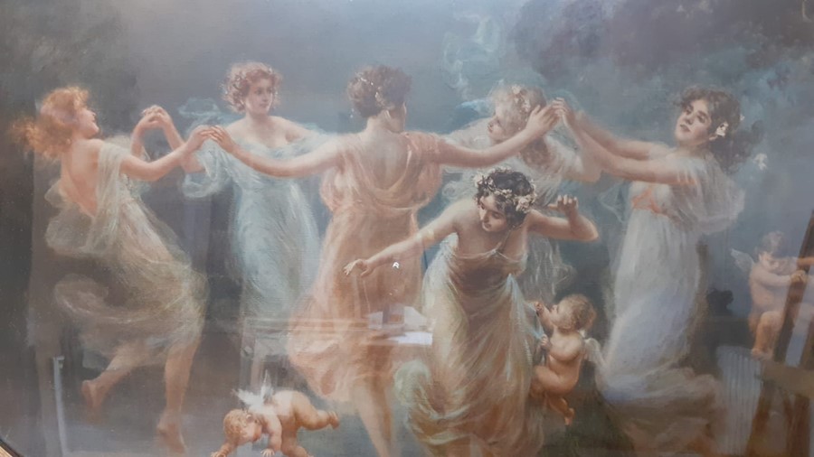 The Dance of the Nymphs with cherubs, a print on an oval frame, (58x88 cm). - Image 2 of 2