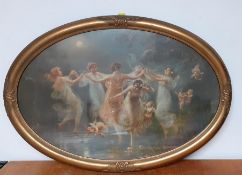 The Dance of the Nymphs with cherubs, a print on an oval frame, (58x88 cm).