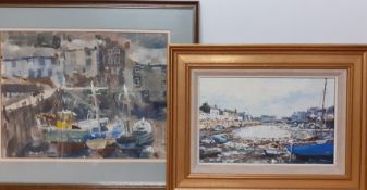 A pair of paintings on oil and gouache, depicting sea towns, illegibly signed, (28x36 cm larger). (