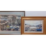 A pair of paintings on oil and gouache, depicting sea towns, illegibly signed, (28x36 cm larger). (