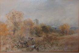 A landscape with tower, signed 'T.W. Jackson', framed and glazed, (25x37 cm).