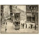 A Pair of Chinese washed inks depicting Hong Kong city scenes, "Queen's Road" and "The Wanchai