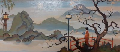 A pair of oriental scenes, oil on masonite, signed: 'Ray' and dated 1967, framed, (29x70 cm). (2)