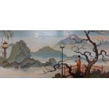 A pair of oriental scenes, oil on masonite, signed: 'Ray' and dated 1967, framed, (29x70 cm). (2)