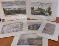 A group of 6 mounted prints depicting English landscapes and maps, (19x28 cm largest). (6)