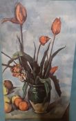 'Tulips on a vase', a print after Paul Cezanne, framed and glazed.