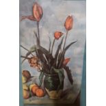 'Tulips on a vase', a print after Paul Cezanne, framed and glazed.