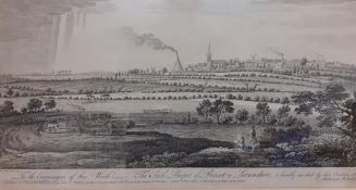 A 19th century engraving of "Prescot in Lancashire", framed and glazed, (35x52 cm).
