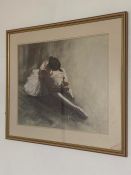 A 20th century print depicting a Ballerina tying the shoes and signed: 'S. Buster' (?), framed and