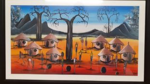 An African school painting, illegibly signed, framed and glazed, (38x71 cm).