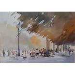 A watercolour depicting an urban scene, illegibly signed, framed and glazed, (35x48 cm).