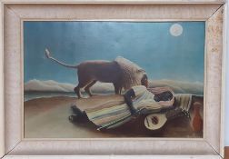 "La Bohémienne endormie" a print after Henri Rousseau, within a Degas frame style, (49x75 cm).