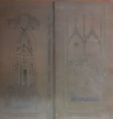 Two English wall plaques in medieval style engraved brasses, including an image of "Wife of Henry