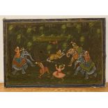 A Mughal Empire style painting on silk laid on board of a tiger hunt, with elephants and figures