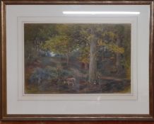 A watercolour depicting a landscape with a donkey, illegibly signed, framed and glazed, (33x50 cm).