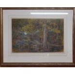 A watercolour depicting a landscape with a donkey, illegibly signed, framed and glazed, (33x50 cm).