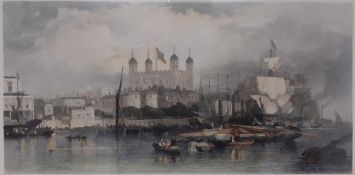 "Tower Of London from the Thames", a print after a picture by E.Duncan within a root oak wood