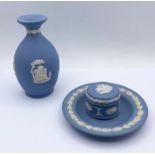 Three items of Wedgwood Jasperware, small vase, pin dish and pill box.