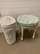 A stool and two wicker baskets
