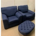 Two blue armchairs, one of which is a recliner and one with footstool