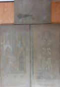 Two English wall plaques in medieval style engraved brasses, including an image of "Wife of Henry