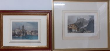 A pair of 19th century coloured prints, framed and glazed, (17x21 cm largest). (2)