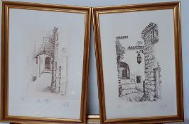 "Eze Village", a pair of etchings, signed 'Michel Perreard' in '84 and 85 and numbered 56/125 and